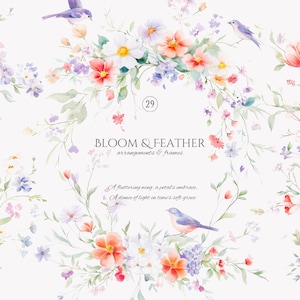 Blumen Clipart - botanische Illustration - Aquarell Blumen - Hochzeit Blumen - Pastell Strauß - Blumen Vogel Kranz - Vintage Botanicals png