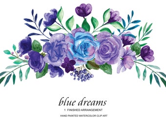 Aquarelles roses bleues violettes clipart - clipart floral - clipart mariage - clipart à usage commercial - clipart arrangement floral - conception prédéfinie