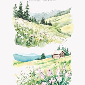 May include: Two watercolor illustrations of floral landscapes with mountains in the background. The top illustration features a winding path through a field of wildflowers. The bottom illustration features a small cabin in a field of wildflowers.