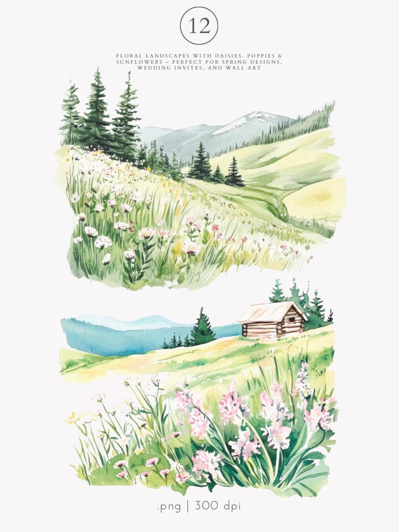 May include: Two watercolor illustrations of floral landscapes with mountains in the background. The top illustration features a winding path through a field of wildflowers. The bottom illustration features a small cabin in a field of wildflowers.