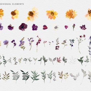May include: Watercolor floral elements in shades of yellow, purple, and green. The image features 59 individual hand-painted flowers, leaves, and sprigs. The text at the top reads "59 INDIVIDUAL ELEMENTS".