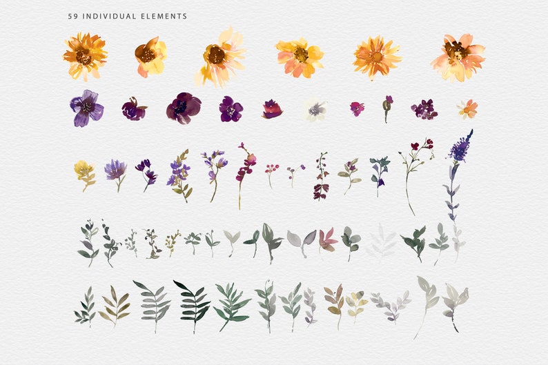 May include: Watercolor floral elements in shades of yellow, purple, and green. The image features 59 individual hand-painted flowers, leaves, and sprigs. The text at the top reads "59 INDIVIDUAL ELEMENTS".