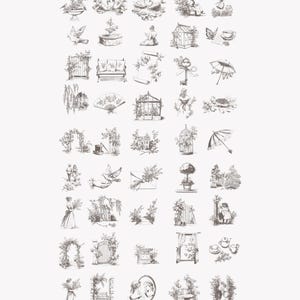 Puede incluir: Una colecci&oacute;n de 36 ilustraciones en blanco y negro con varios elementos de jard&iacute;n y naturaleza, incluyendo p&aacute;jaros, flores, vallas, puertas y una casita para p&aacute;jaros. Las ilustraciones son de estilo vintage y ser&iacute;an perfectas para agregar un toque de elegancia a cualquier proyecto.