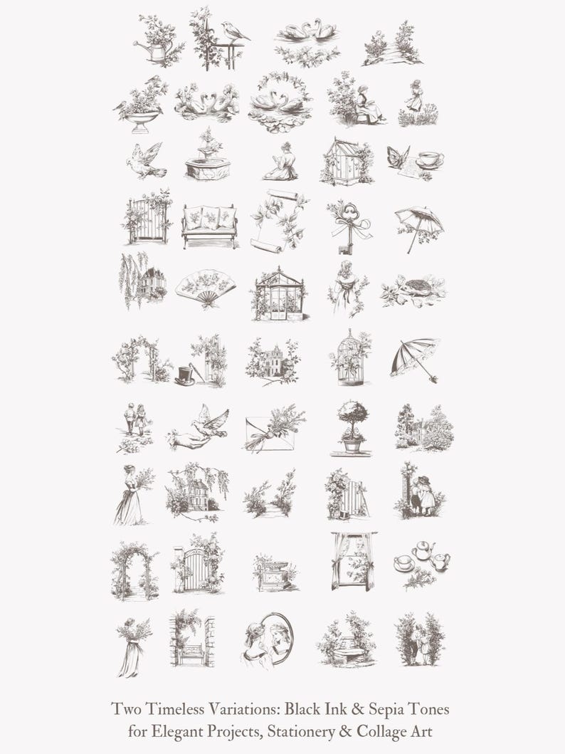 Puede incluir: Una colecci&oacute;n de 36 ilustraciones en blanco y negro con varios elementos de jard&iacute;n y naturaleza, incluyendo p&aacute;jaros, flores, vallas, puertas y una casita para p&aacute;jaros. Las ilustraciones son de estilo vintage y ser&iacute;an perfectas para agregar un toque de elegancia a cualquier proyecto.