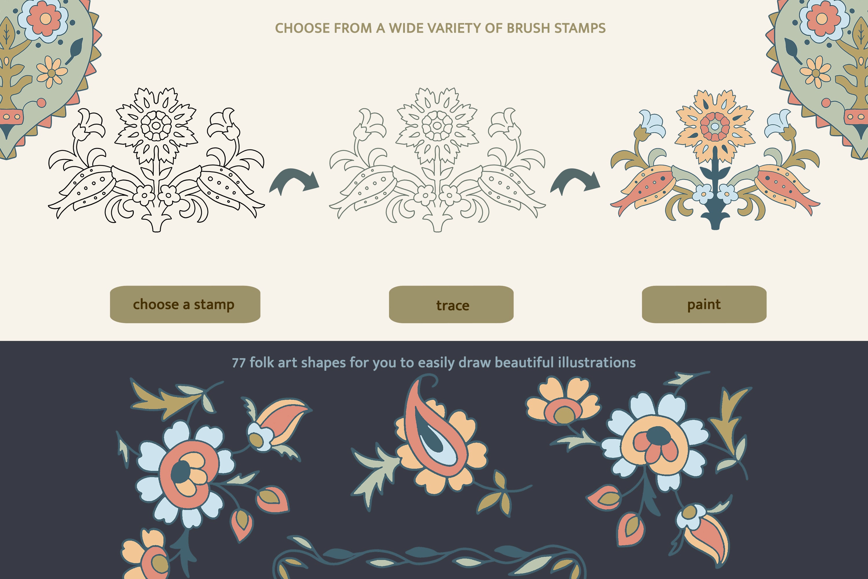 Folk Art Procreate Brushes - Floral Folk Stamps - Botanical Stamps ...
