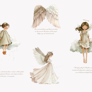 May include: Watercolor illustrations of angels, wings, and clouds. The image features three angel figures in flowing dresses, each with wings and halos. The color palette is soft, with beige, white, and light brown tones. The text in the image describes the illustrations as perfect for Christmas cards and invitations.