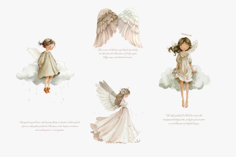 May include: Watercolor illustrations of angels, wings, and clouds. The image features three angel figures in flowing dresses, each with wings and halos. The color palette is soft, with beige, white, and light brown tones. The text in the image describes the illustrations as perfect for Christmas cards and invitations.