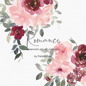 Fard à joues aquarelle et clipart floral Bordeaux - bouquets d'été - clipart mariage - clipart pivoine - clipart premade - décoration de mariage - png