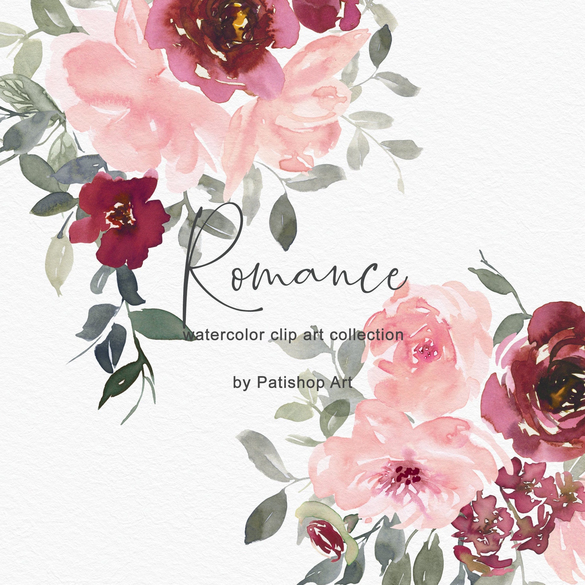 Romance* Watercolor Blush and Burgundy Floral Clipart Collection Arra…