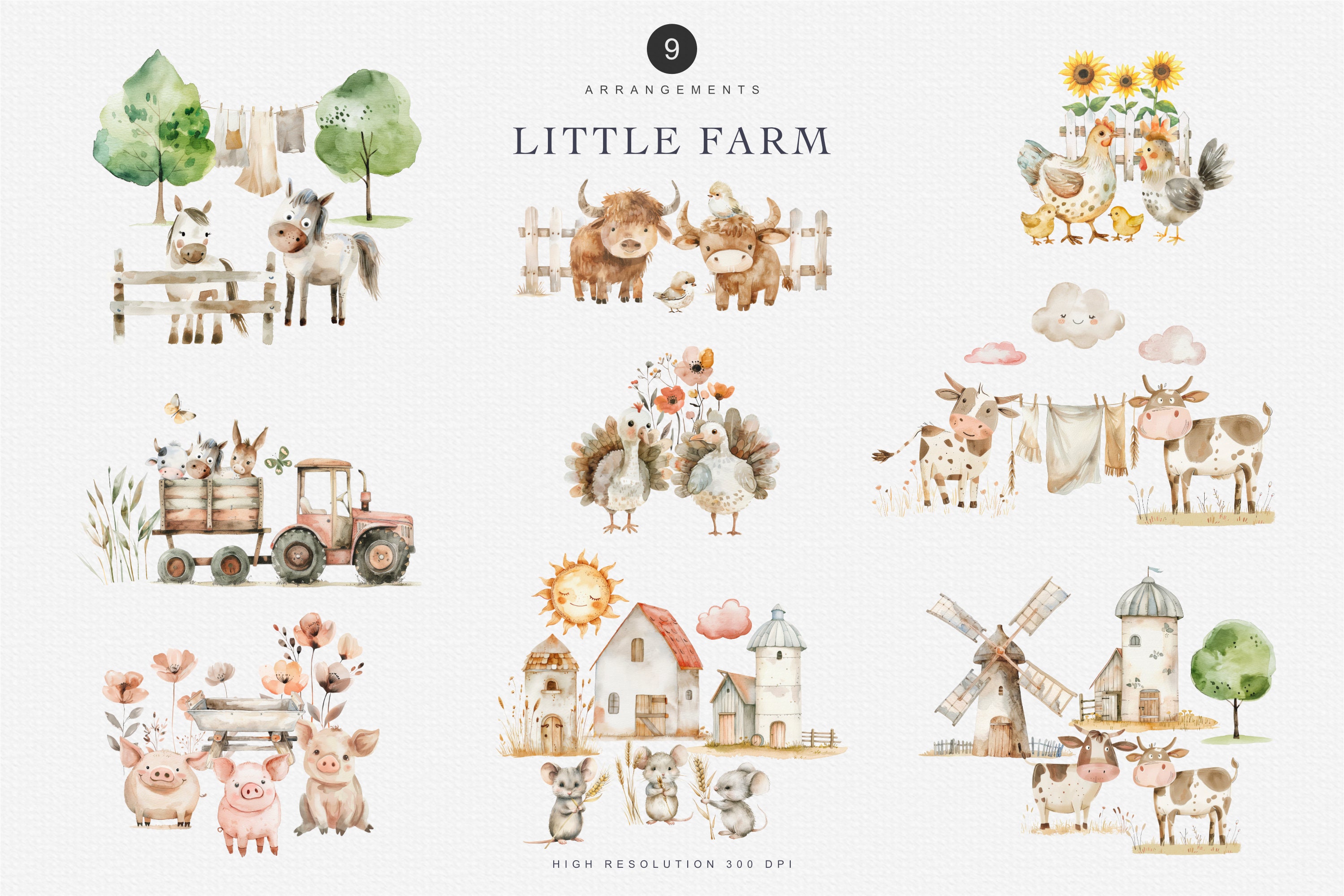 Huge Watercolor Farm Animal Clipart Bundle, Nursery Animals Set With ...