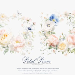 Peut inclure: Illustration florale &agrave; l'aquarelle avec deux couronnes de fleurs aux couleurs pastel, dont des roses et des an&eacute;mones, avec un papillon. Le design comprend le texte "Petal Poem". Id&eacute;al pour les cr&eacute;ations de mariage et de la Saint-Valentin.