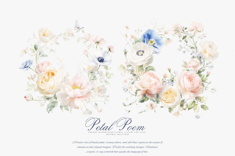 Peut inclure: Illustration florale &agrave; l'aquarelle avec deux couronnes de fleurs aux couleurs pastel, dont des roses et des an&eacute;mones, avec un papillon. Le design comprend le texte "Petal Poem". Id&eacute;al pour les cr&eacute;ations de mariage et de la Saint-Valentin.