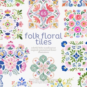 folk floral tiles clipart, scandinavian boho patterns, colorful folk art flowers, seamless tile designs, decorative floral png bundle