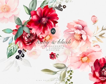 watercolor floral clipart - red and blush flowers - wedding clipart - floral clipart - watercolor flowers - peony clipart - black berries