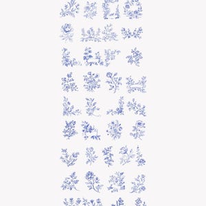May include: A set of 55 blue ink floral illustrations, perfect for adding a touch of elegance to your projects. The illustrations feature a variety of floral designs, including roses, leaves, and vines.