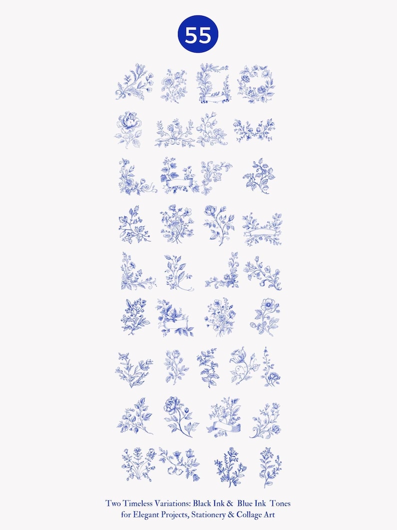 May include: A set of 55 blue ink floral illustrations, perfect for adding a touch of elegance to your projects. The illustrations feature a variety of floral designs, including roses, leaves, and vines.