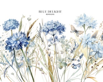 wild flowers - watercolor borders - floral borders - wedding clipart - dusty blue florals -premade borders - premade clipart -watercolor art