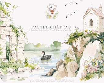 watercolor vintage chateau clipart png, fairytale castle artwork with rustic landscape, botanical element and elegant illustration decor set