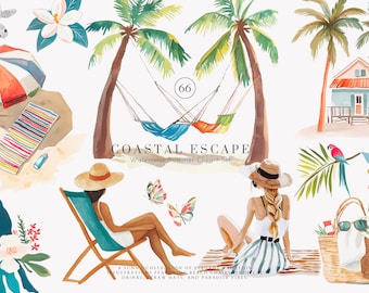 clipart png acquerello per vacanze estive tropicali, ragazze sulla spiaggia, palme, piscina e illustrazioni di viaggio, set di design alla moda per le vacanze