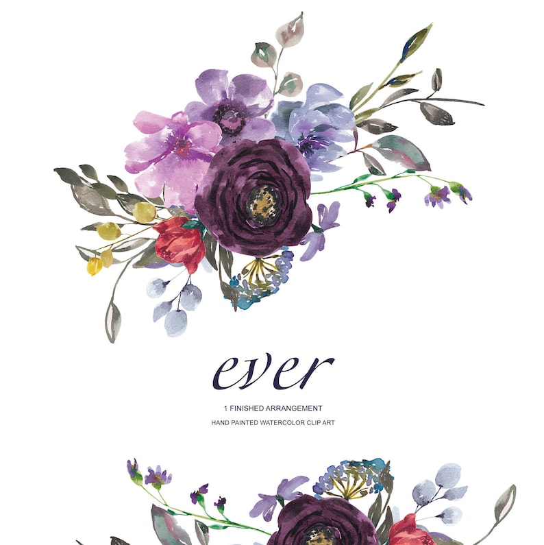 Ever* Watercolor Plum Violet Burgundy Red Flowers Clipart One Arrangement Hand Painted Flowers Clip Art PNG File Commercial Use #A12