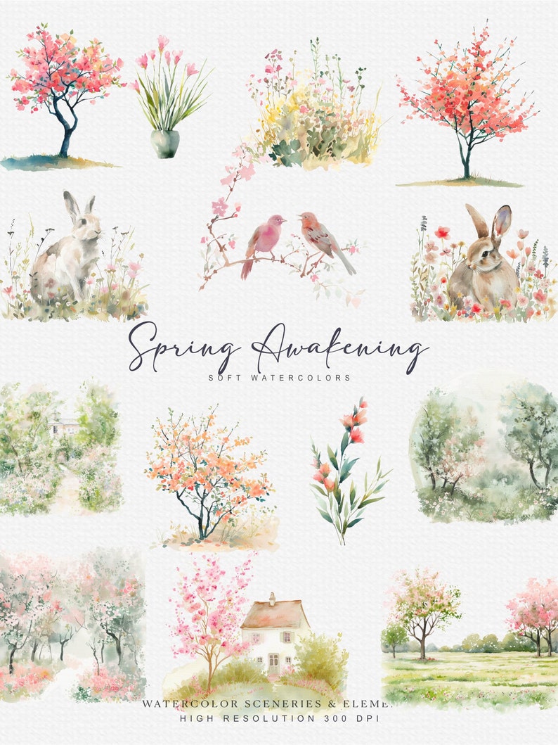 Aquarell Frühling Clipart Frühling Landschaften Frühlingskunst Frühlingsfeld Frühling Tier Aquarell Vogel Frühling Land Clipart png Bild 2