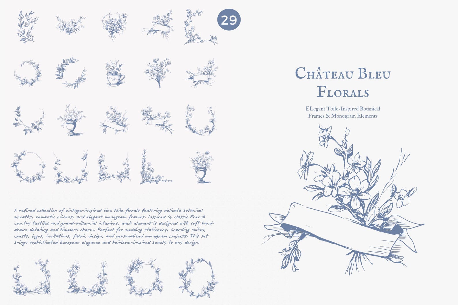 Country Monogram Blue Toile Floral Monogram Frames, French Country Botanical Clipart ...