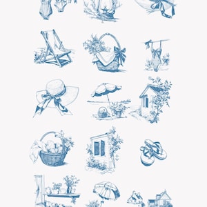 May include: A collection of blue and white illustrations of summer-themed items, including a beach chair, a basket of flowers, a hat, a swimsuit, a lantern, a beach umbrella, a house, and flip-flops. The illustrations are in a vintage style and are perfect for adding a touch of summer charm to your projects.
