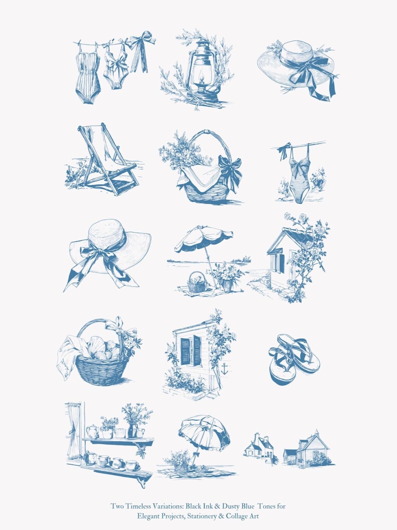 May include: A collection of blue and white illustrations of summer-themed items, including a beach chair, a basket of flowers, a hat, a swimsuit, a lantern, a beach umbrella, a house, and flip-flops. The illustrations are in a vintage style and are perfect for adding a touch of summer charm to your projects.