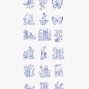 May include: A set of 18 blue and white illustrations featuring various designs, including butterflies, houses, bicycles, and floral arrangements. The illustrations are perfect for adding a touch of vintage charm to any project.