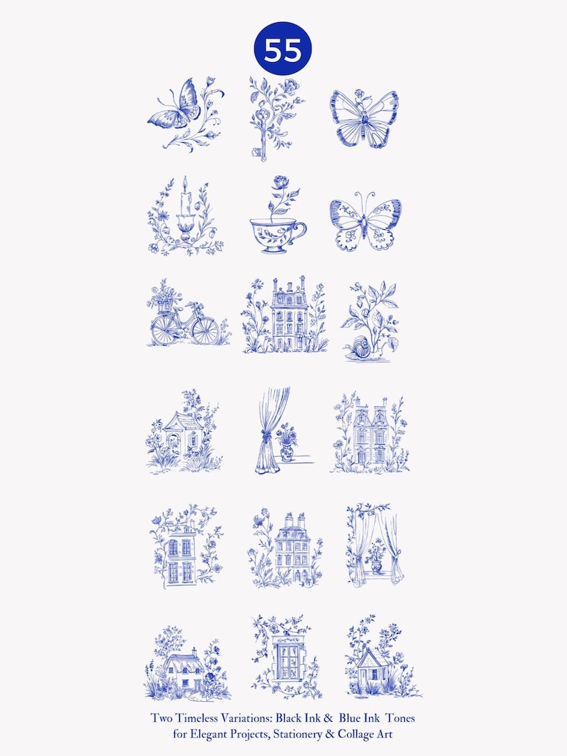 May include: A set of 18 blue and white illustrations featuring various designs, including butterflies, houses, bicycles, and floral arrangements. The illustrations are perfect for adding a touch of vintage charm to any project.