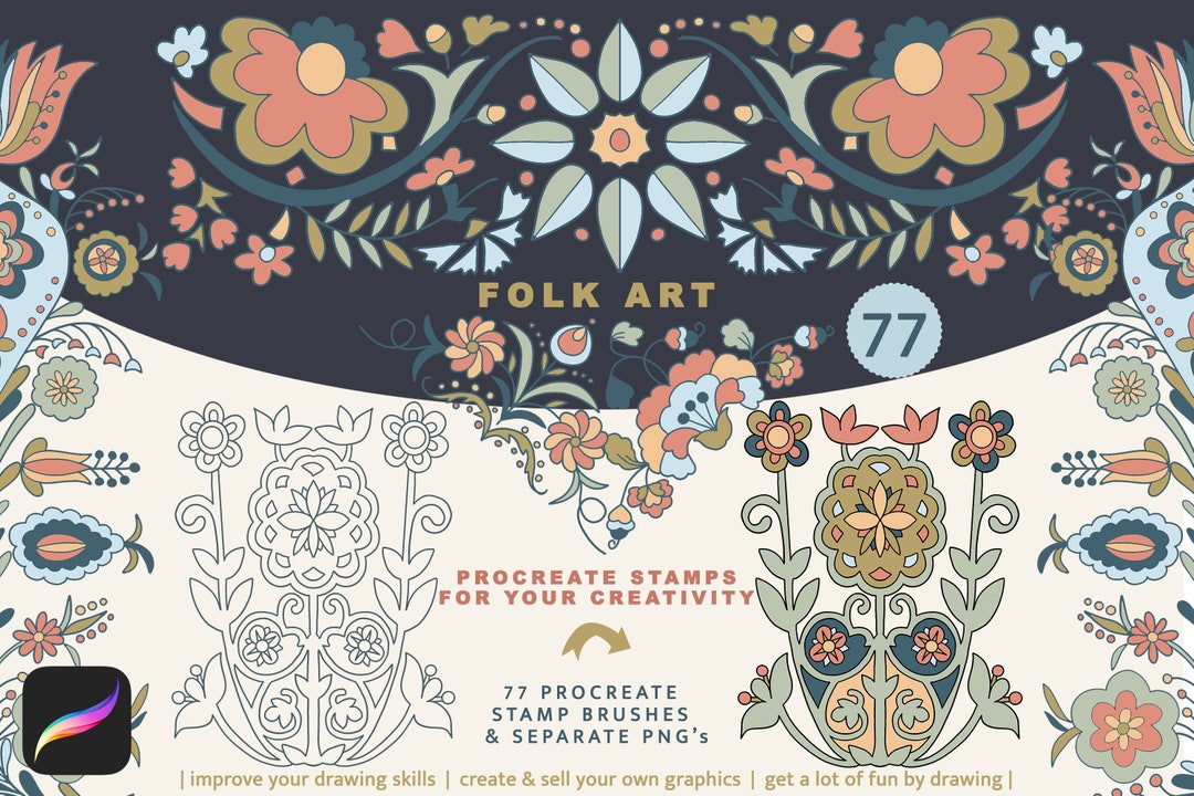 Folk Art Procreate Brushes - Floral Folk Stamps - Botanical Stamps ...