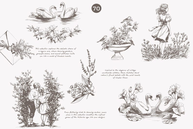 Puede incluir: Una colecci&oacute;n de ilustraciones de inspiraci&oacute;n vintage que representan cisnes, p&aacute;jaros, flores y una mujer de pie en un jard&iacute;n. Las ilustraciones est&aacute;n dibujadas en blanco y negro y tienen un estilo delicado y rom&aacute;ntico.