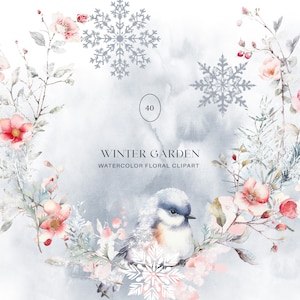 Christmas clipart - watercolor evergreen clipart - Christmas decor - snowflake clipart - holiday season - frosted flowers - bird clipart png