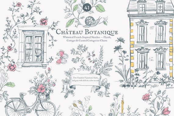 chateau vintage clipart png, french sketches and floral illustrations, wedding florals cottagecore art with sketched houses and ink doodles