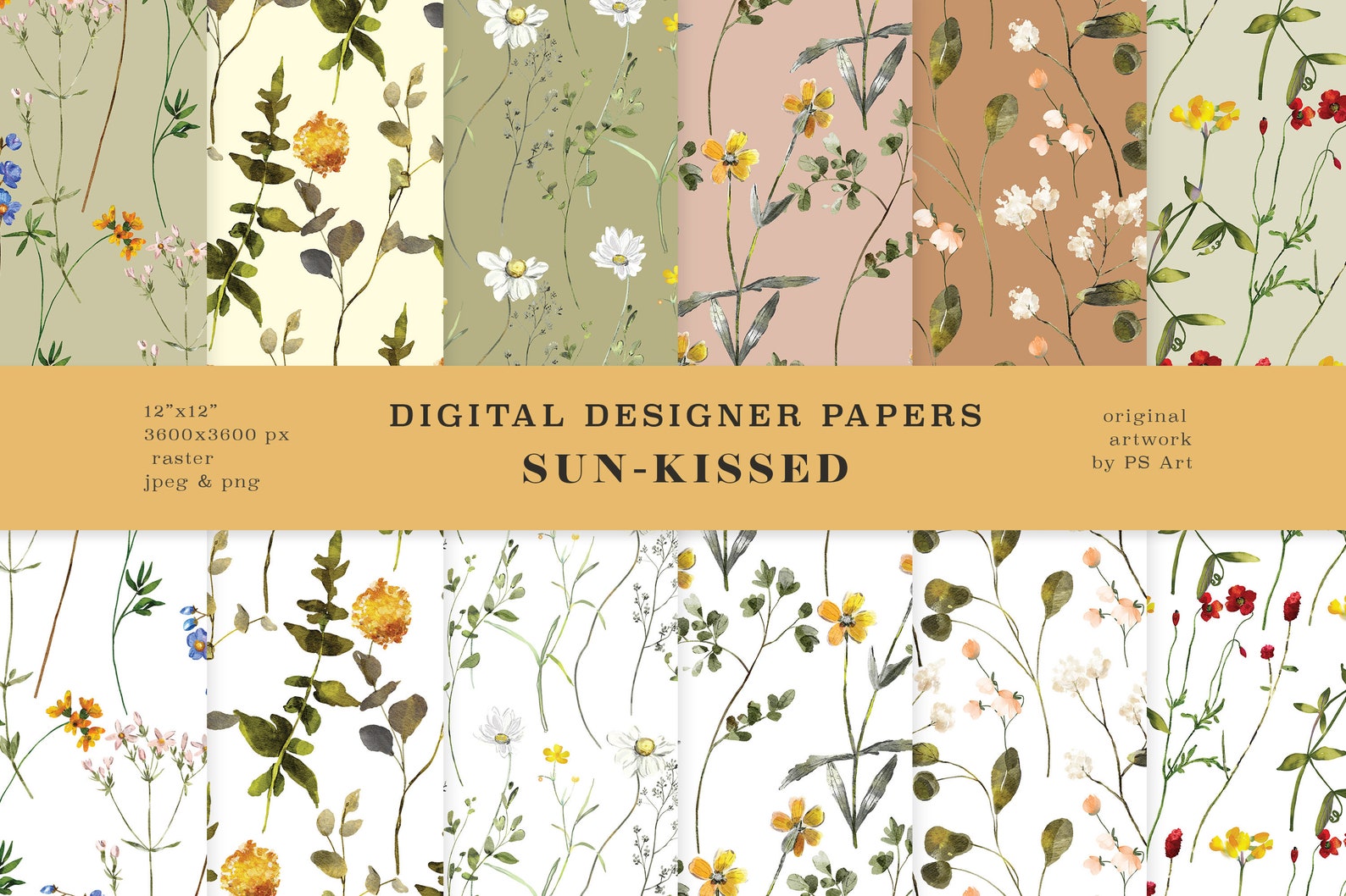 Watercolor Meadow Flowers Digital Papers, Scrapbook Papers, Seamless ...