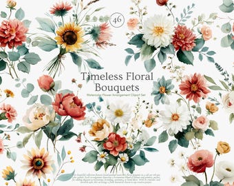 watercolor floral clipart png, wedding flower bouquet illustration, botanical art digital download with commercial use,watercolor flower set