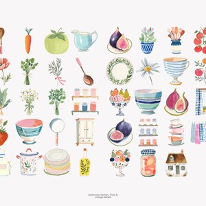 akvarell kök clipart set, mysiga skafferiillustrationer, element i stugkök, fruktburkar och fat, bondgårdskök i akvarell bild 8