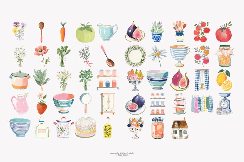 akvarell kök clipart set, mysiga skafferiillustrationer, element i stugkök, fruktburkar och fat, bondgårdskök i akvarell bild 8