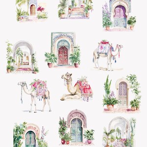 May include: Watercolor clipart collection featuring Moroccan architecture, rugs, and nature. The images include arched doorways, potted plants, and camels adorned with floral arrangements. The color palette is soft, with pastel hues and intricate details.