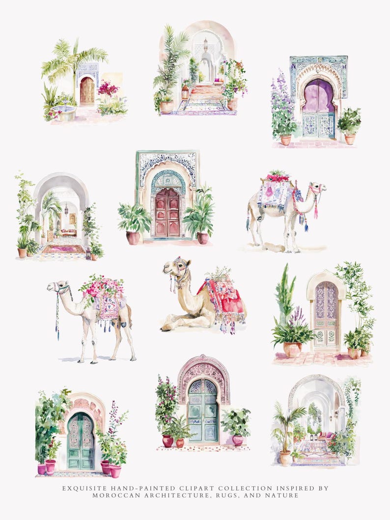 May include: Watercolor clipart collection featuring Moroccan architecture, rugs, and nature. The images include arched doorways, potted plants, and camels adorned with floral arrangements. The color palette is soft, with pastel hues and intricate details.