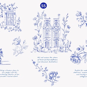 May include: A set of blue and white illustrations featuring a house, a window, a curtain, a vase with flowers, and various floral designs. The illustrations are reminiscent of hand-painted delftware and storybook illustrations. The text "This set evokes the charm of hand-painted delftware and storybook illustrations" is included in the image.