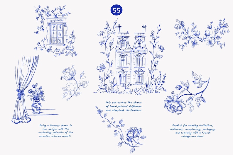 May include: A set of blue and white illustrations featuring a house, a window, a curtain, a vase with flowers, and various floral designs. The illustrations are reminiscent of hand-painted delftware and storybook illustrations. The text "This set evokes the charm of hand-painted delftware and storybook illustrations" is included in the image.
