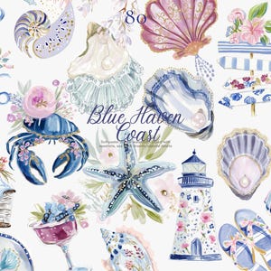 May include: Watercolor illustrations of coastal elements, including seashells, a starfish, and a lighthouse, in shades of blue, pink, and white. The text "Blue Haven Coast" is also present.