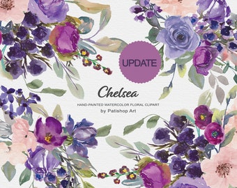 May include: Watercolor floral clipart featuring purple, pink, and blue flowers with green leaves. The text "Chelsea" and "HAND-PAINTED WATERCOLOR FLORAL CLIPART by Patishop Art" is included in the image. The text "UPDATE" is in a purple circle.