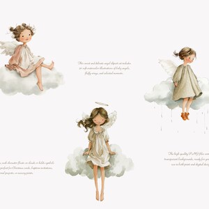 May include: Watercolor illustrations of baby angels with fluffy wings, sitting on clouds. The angels are depicted in soft pastel colors, wearing dresses. The image includes text describing the angel illustrations and their uses.