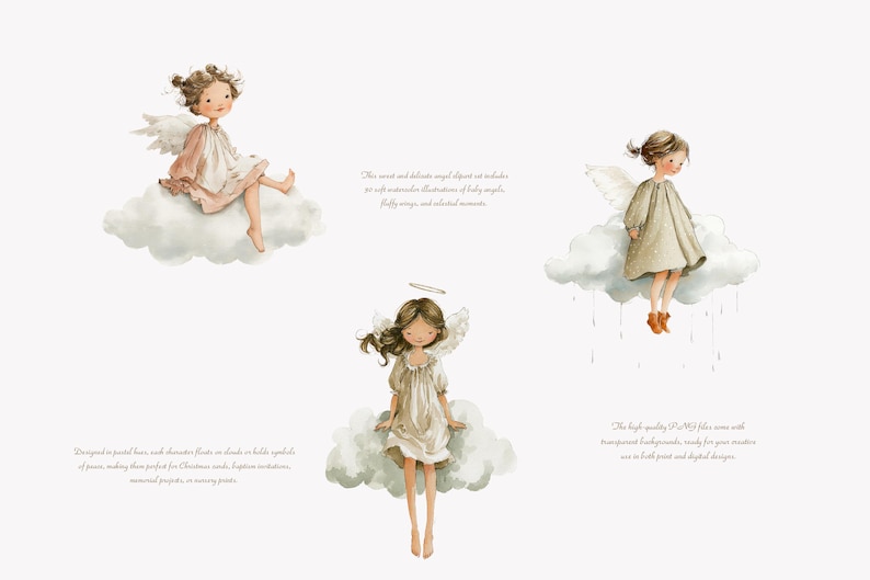 May include: Watercolor illustrations of baby angels with fluffy wings, sitting on clouds. The angels are depicted in soft pastel colors, wearing dresses. The image includes text describing the angel illustrations and their uses.