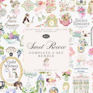 Puede incluir: Una colección de ilustraciones en acuarela con una paleta de colores pastel. La imagen incluye varios elementos como retratos, arreglos florales, tazas de té y detalles arquitectónicos. El texto incluye "Sweet Rococo" y "Violet Whimsy".