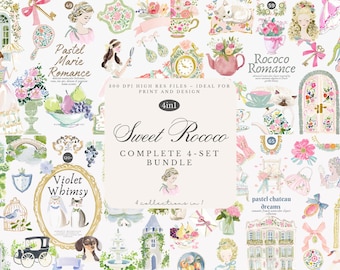 sweet rococo watercolor clipart bundle, pastel french decor png, coquette florals and vintage elements, 4-set digital download pack