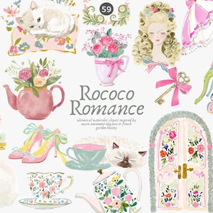 May include: Watercolor clipart set with a Rococo Romance theme. The image features various elements like a clock, teacups, a teapot, a cat, a key, a butterfly, and a pair of high heels. The color palette includes pink, green, and gold.