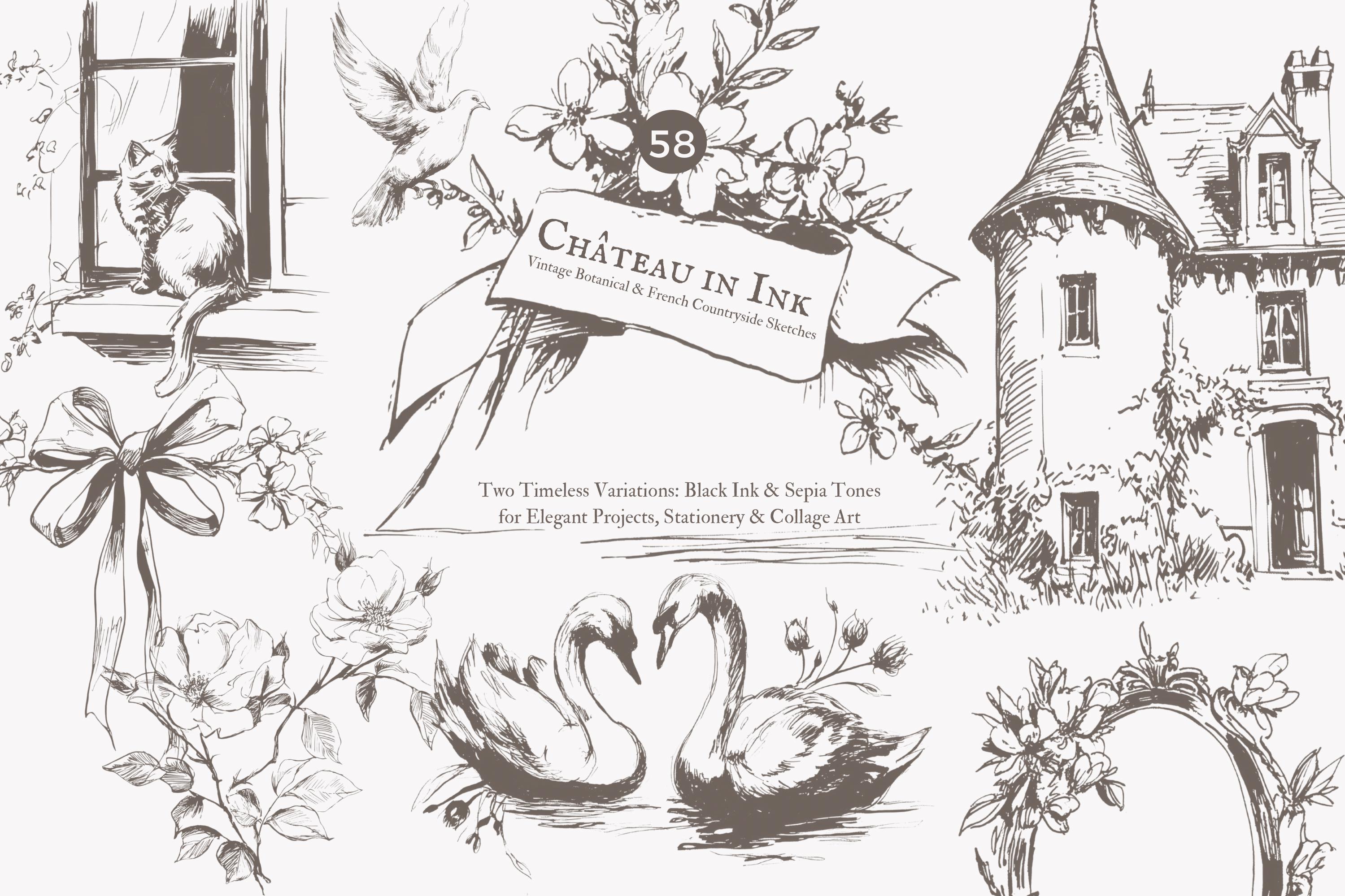 vintage clipart -  floral sketch - french chateau - wedding clipart - botanical ink - romantic swans - ribbon bow -  flower frame - country